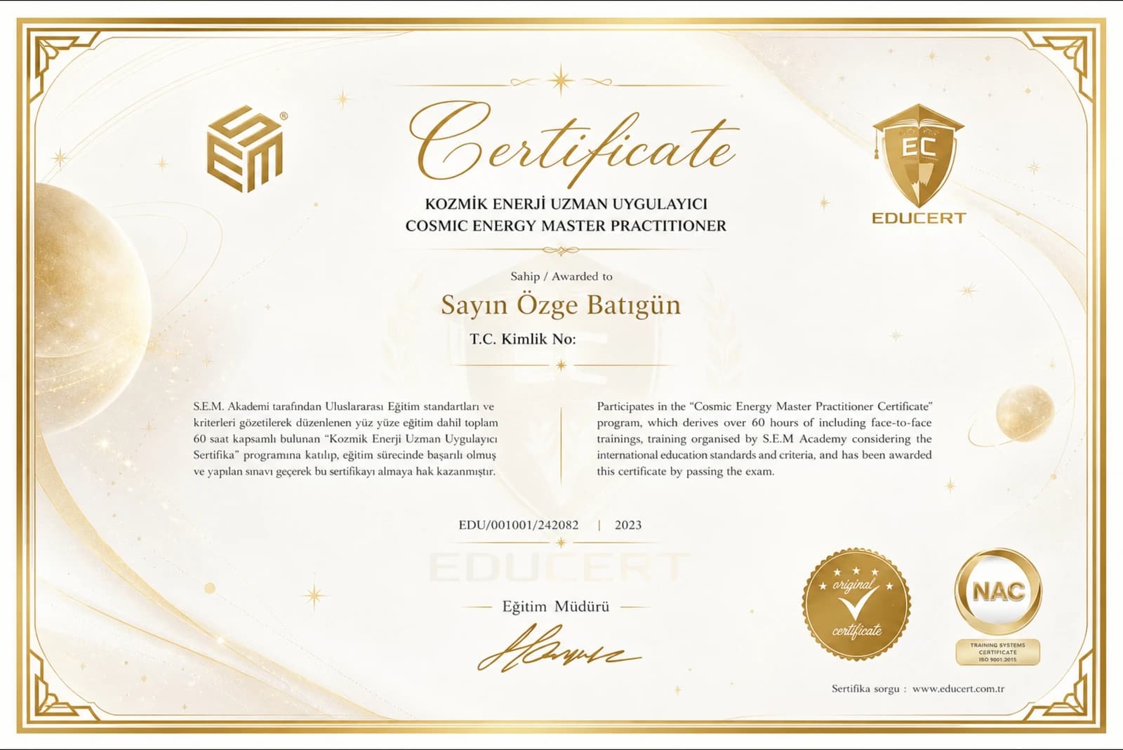 Özge Batıgün — Kozmik Enerji Uzman Uygulayıcı sertifikası