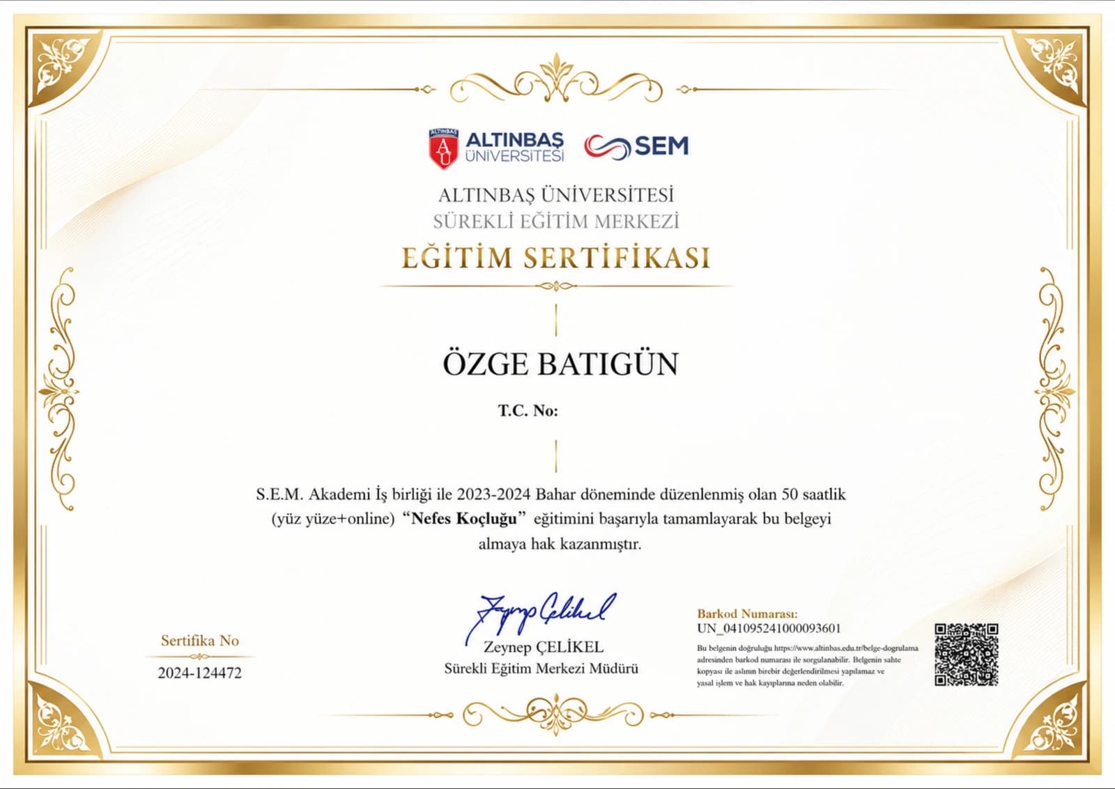Özge Batıgün — Nefes Koçluğu sertifikası