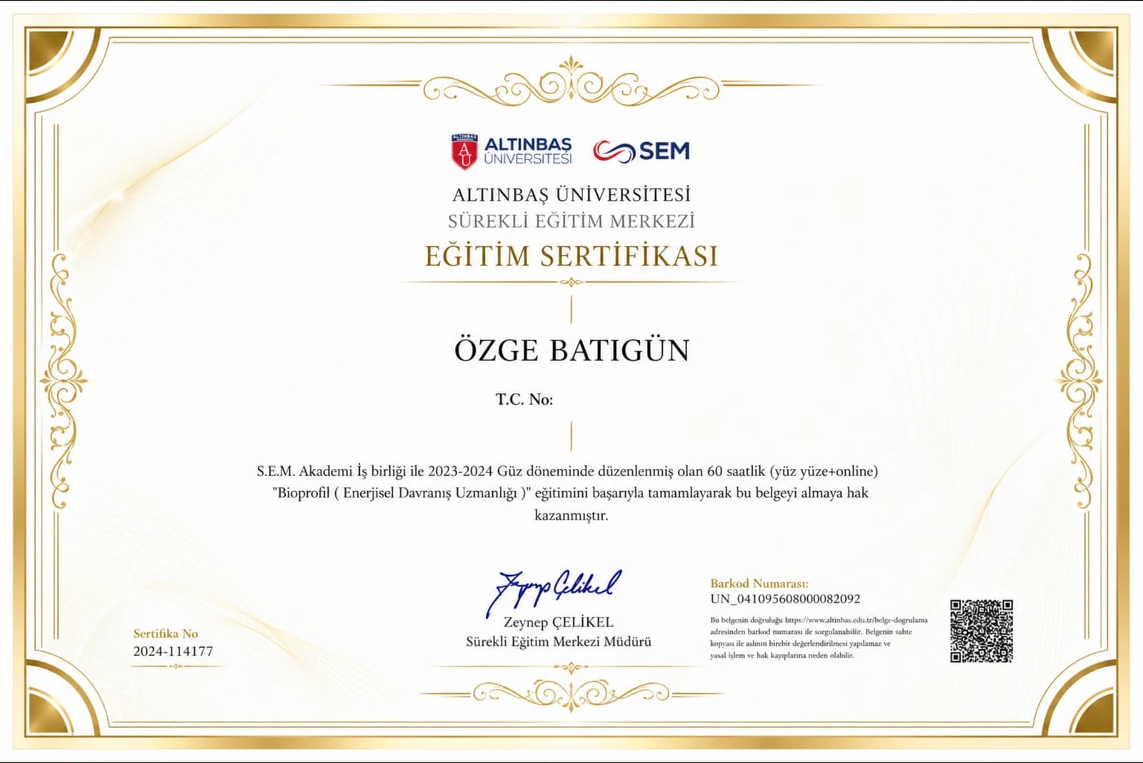 Özge Batıgün — Bioprofil · Enerjisel Davranış Uzmanlığı sertifikası