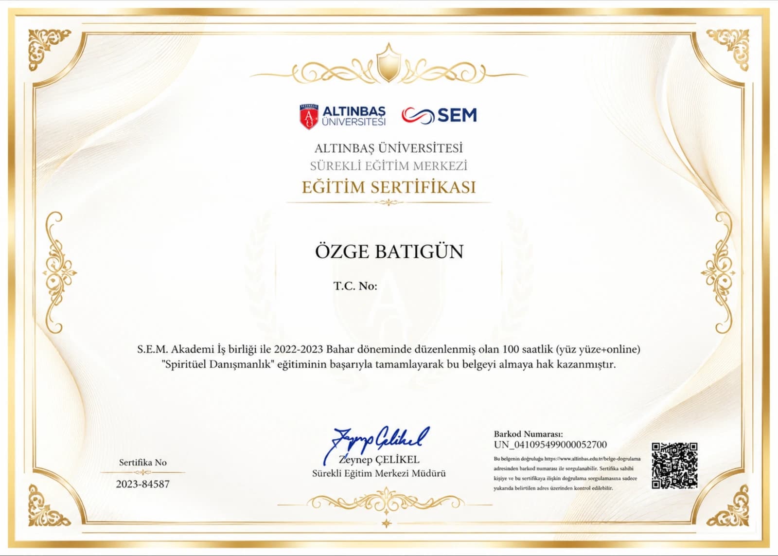 Özge Batıgün — Spiritüel Danışmanlık sertifikası