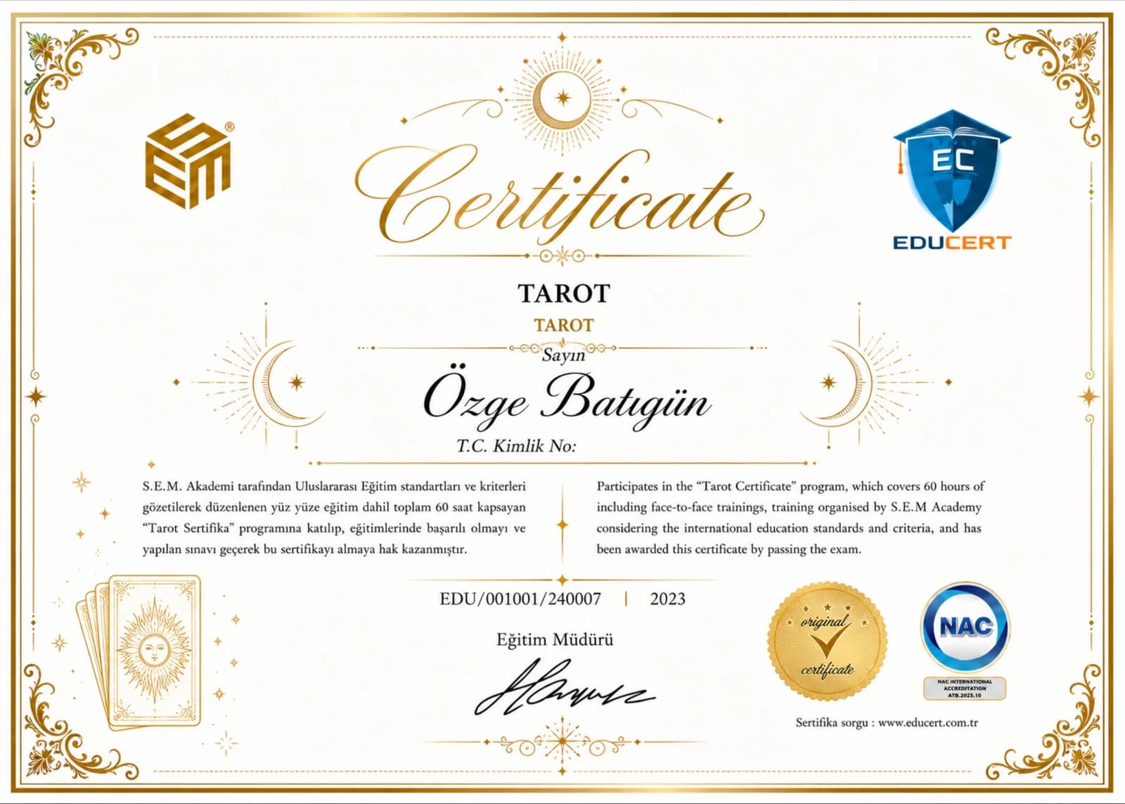 Özge Batıgün — Tarot sertifikası