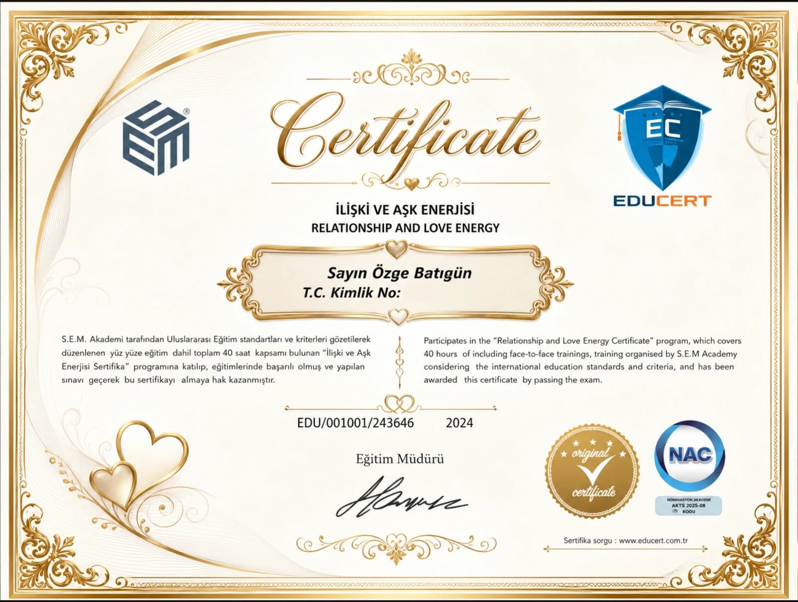 Özge Batıgün — İlişki ve Aşk Enerjisi sertifikası